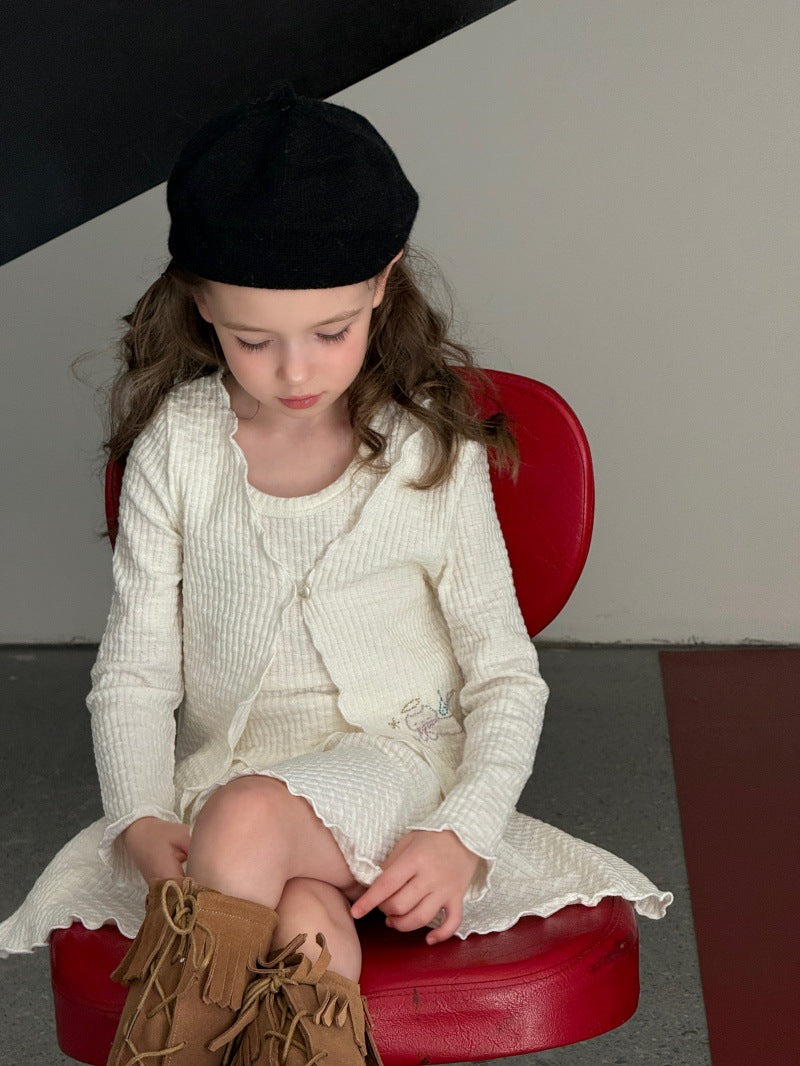 Kids' Mellow Frill Waffle Knit Long-Sleeve Cardigan, Camisole, and Flare Skirt Set [mh0014077]
