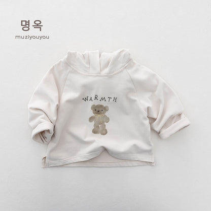 フード付き長袖Tシャツ（オフホワイト、クマと「WARMTH」プリント）