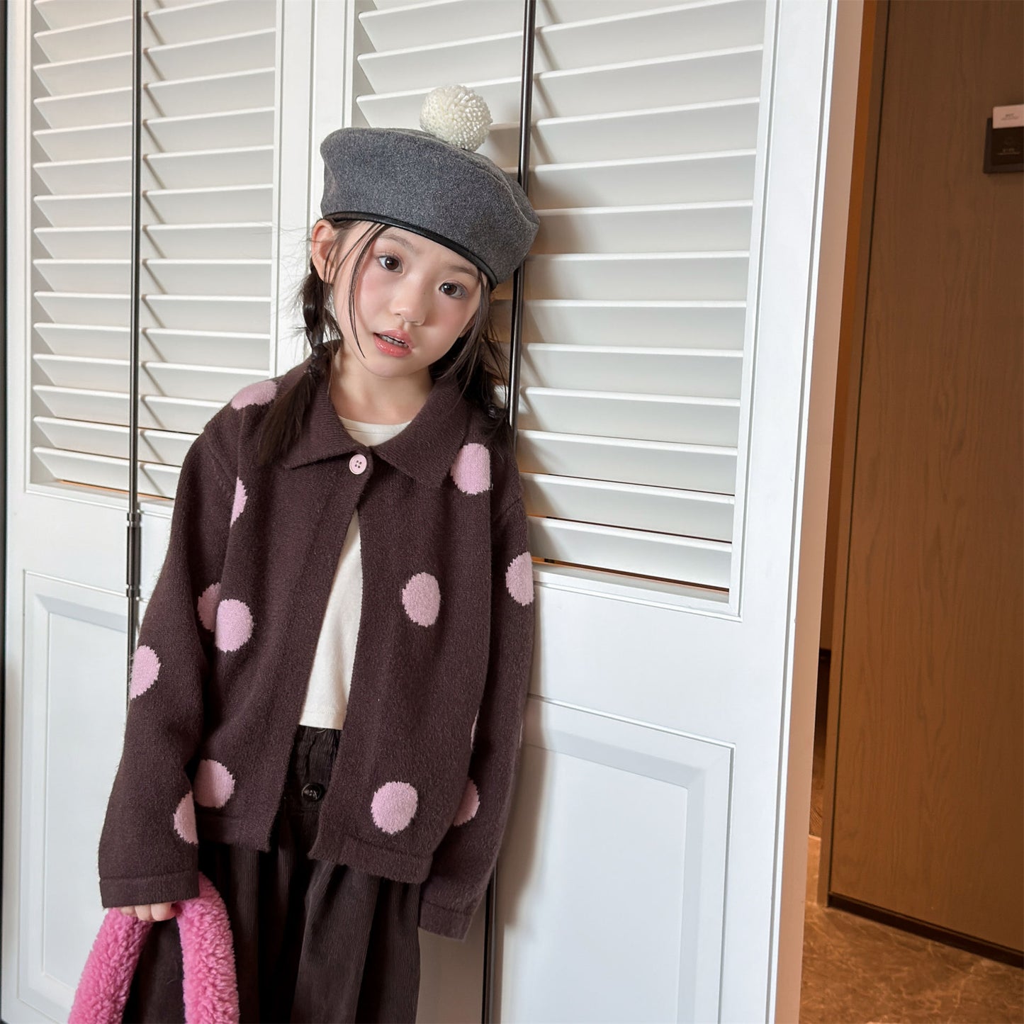 Kids' Polka Dot Collared Button-Up Long-Sleeve Knit Cardigan [mh0014056]