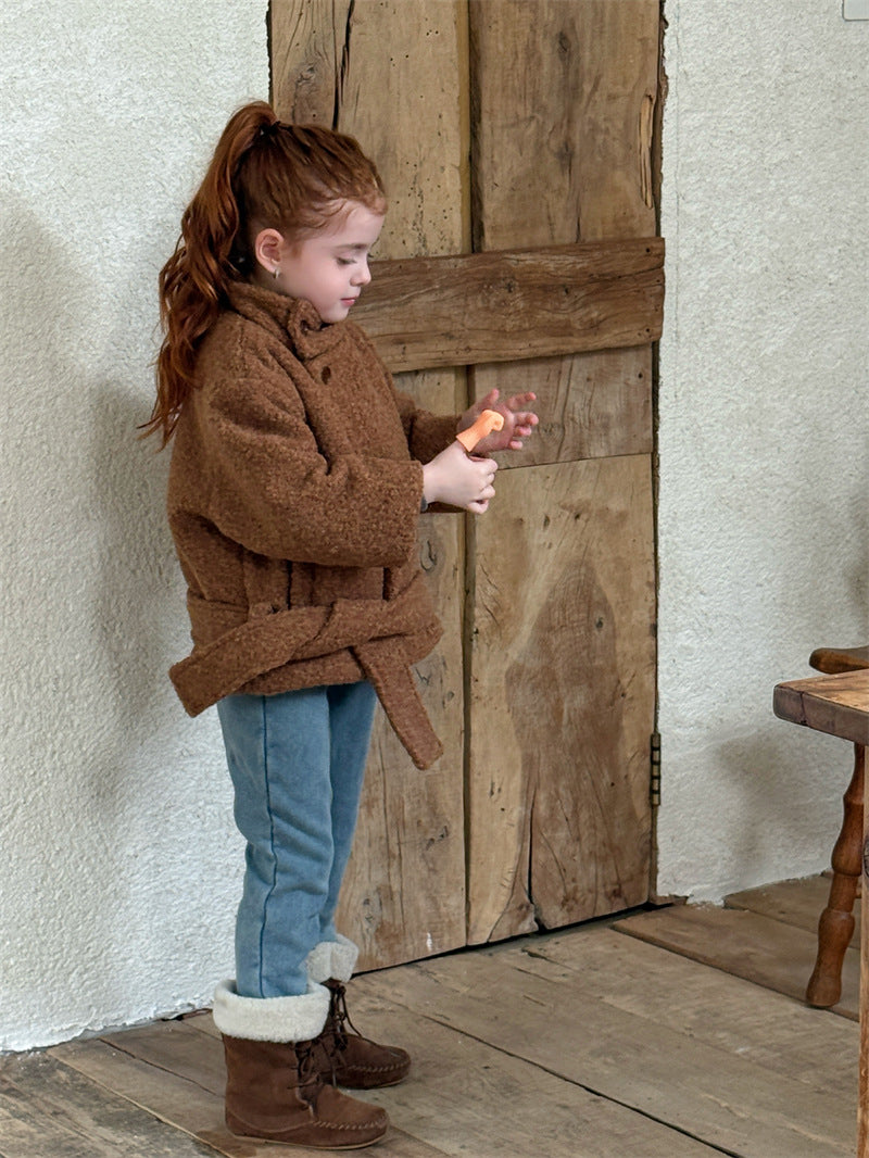 ローブコート ボア スタンドカラー ベルト付き ショート丈 アウター【mh0011617】