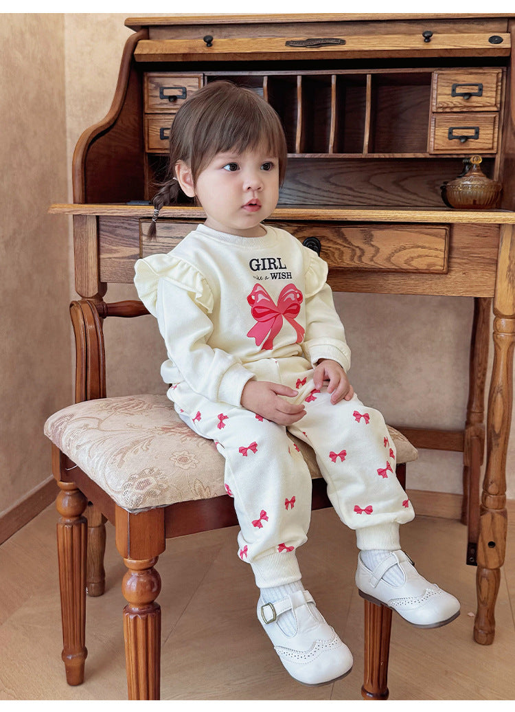 長袖セットアップ リボンプリントフリルスウェットシャツ/スウェットパンツ【mh0011722】