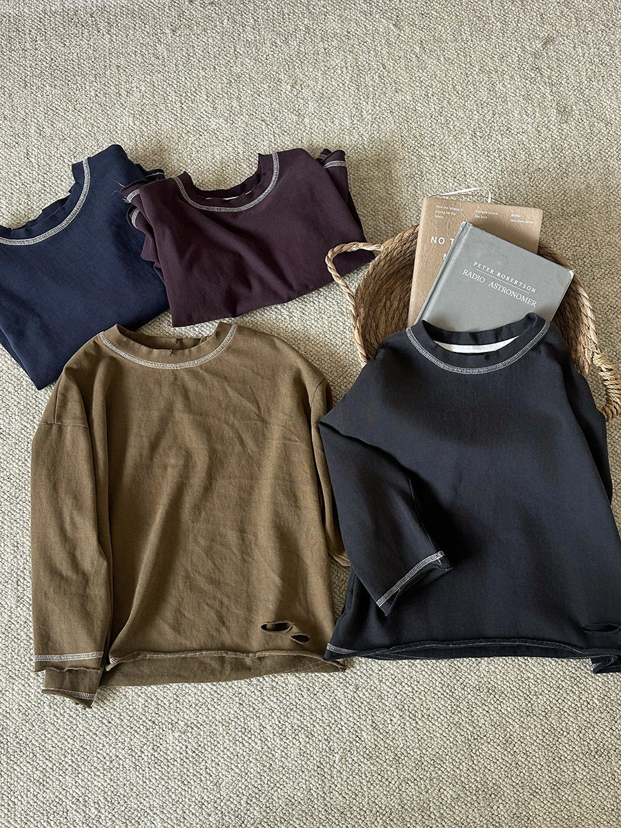 Kids' Distressed Stitch Loose Crewneck Long Sleeve T-Shirt [mh0014304]