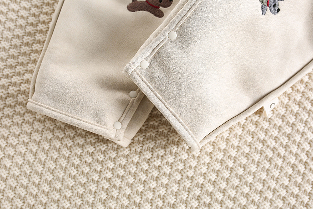 アウタージャンプスーツ 犬刺繍 ボア襟 フェイクムートン カバーオール【mh0011694】