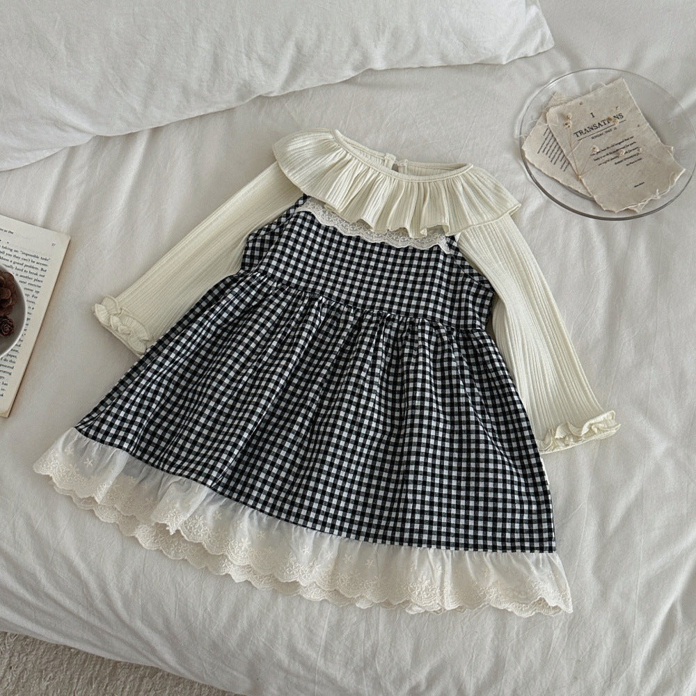 Vestido camisero de tirantes para bebé y niña con estampado de cuadros vichy, cuello con volantes, acabado en ondas y detalle de encaje, incluye camiseta de manga larga 【mh0014481】