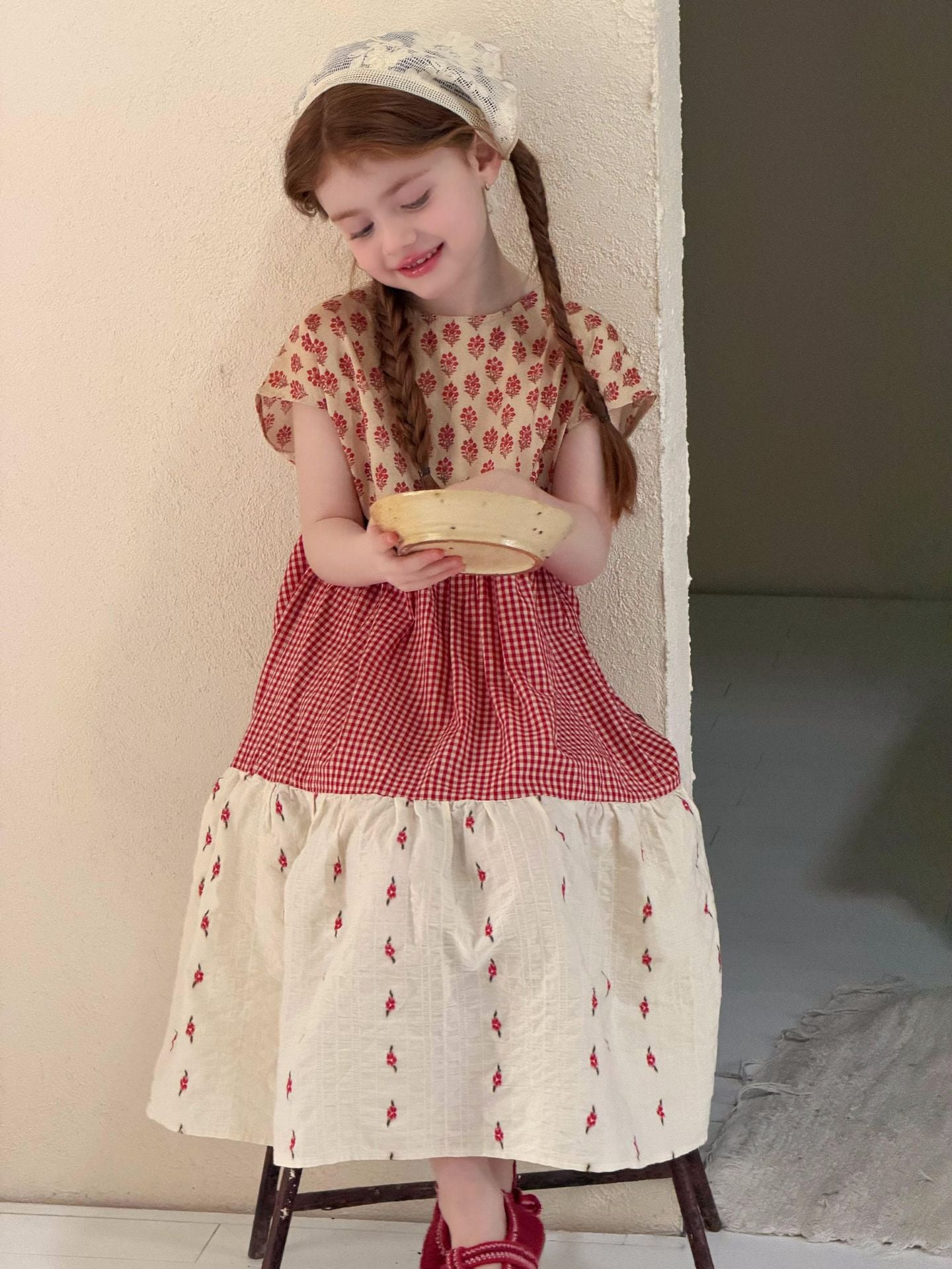 Gingham Floral Tiered Dress 花柄 ギンガム 半袖ワンピース【mh0012873】