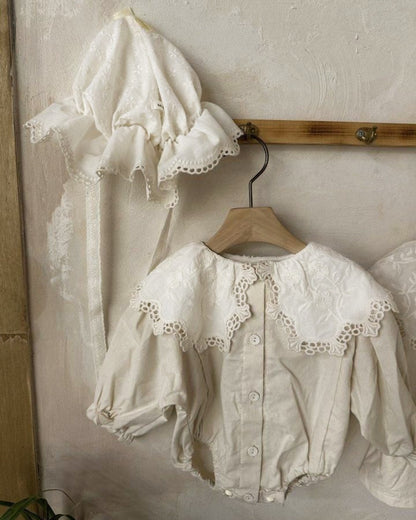 長袖ロンパース レース襟 ボリューム袖 フロントボタン ボディスーツ【mh0011630】