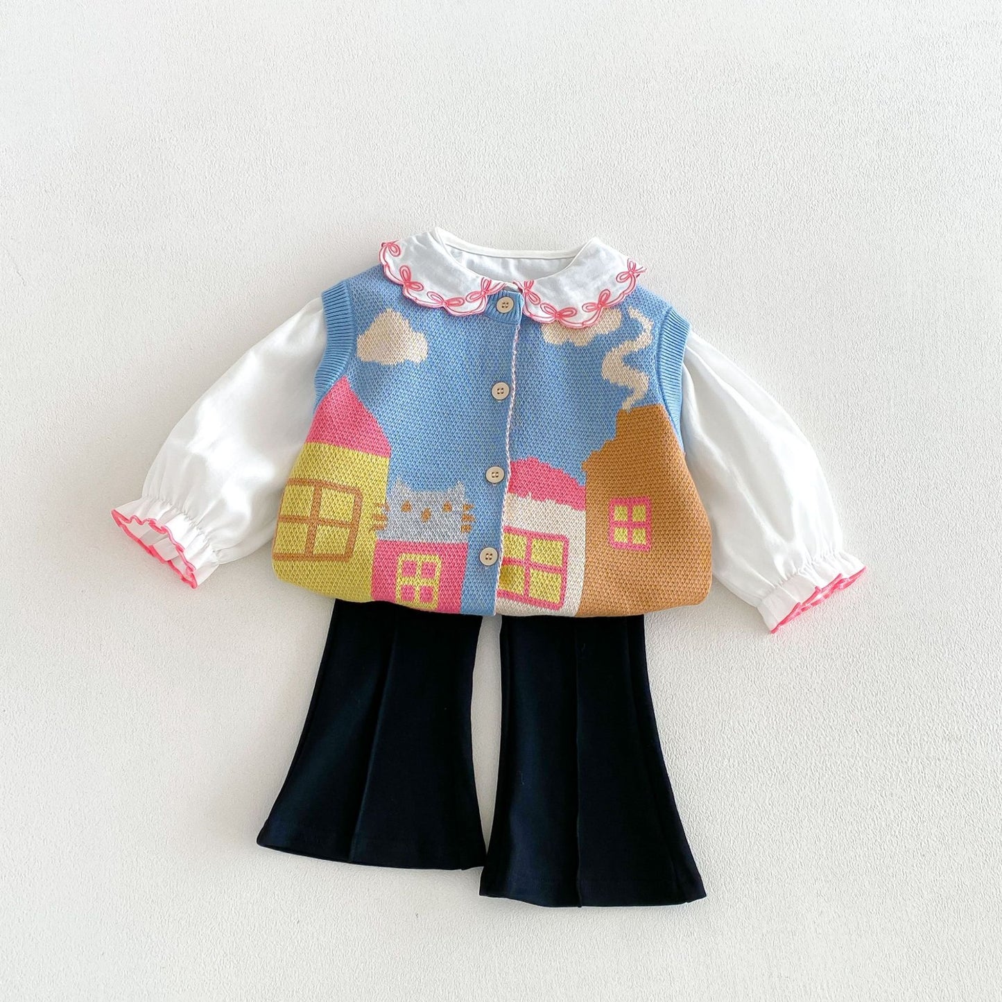 Chaleco de punto jacquard con motivo de casa para niños, cuello con volantes, blusa de manga larga y pantalones acampanados【mh0014046】