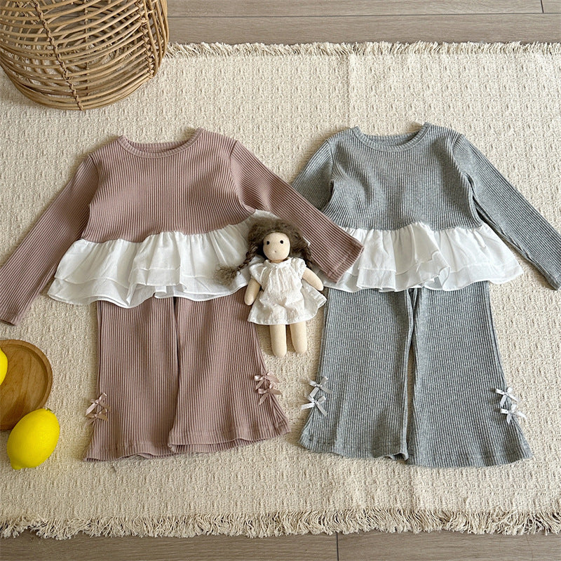 Conjunto de camiseta de manga larga acanalada con volantes y lazo para niña y pantalón acampanado【mh0014151】