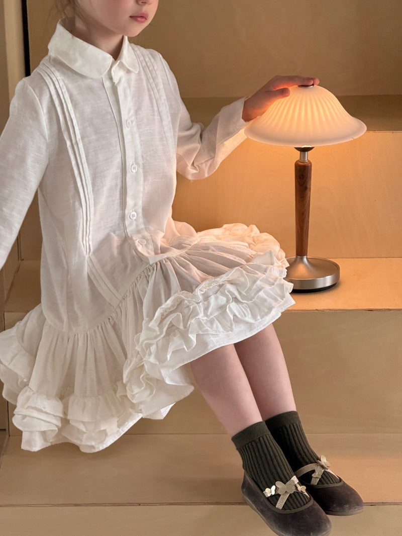 Kids' Ruffled Pintuck Front Button Long-Sleeve Shirt Dress