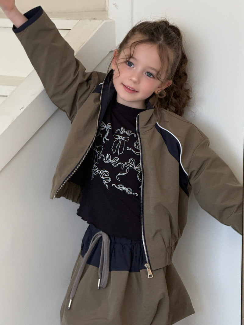 Kids' Colorblock Stand-Collar Long-Sleeve Jacket & Mini Skirt Set [mh0014079]