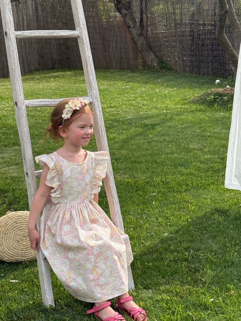 Flower Embellished Backless Frill Dress フローラル 肩フリル ノースリーブワンピース【mh0012813】