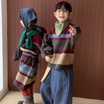 ニットワンピース/セーター キッズ ボーダー柄 厚手 ルーズフィット 兄弟姉妹 お揃い【mh0011676】