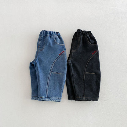キッズ ステッチ切替 刺繍 デニム 裏起毛 カーブ ロングパンツ【mh0014764】