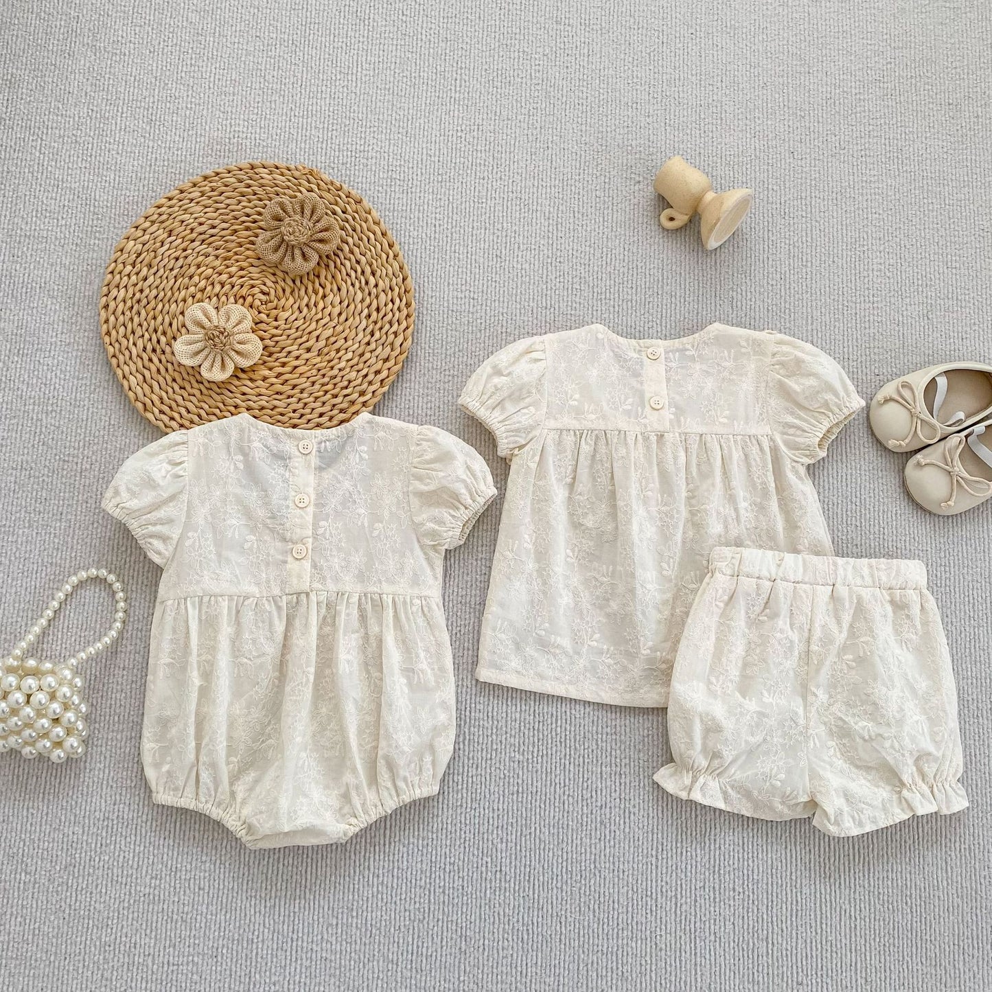 Embroidered Ruffle Romper And Blouse Shorts フリル ロンパース ブラウス ショートパンツ【mh0013163】