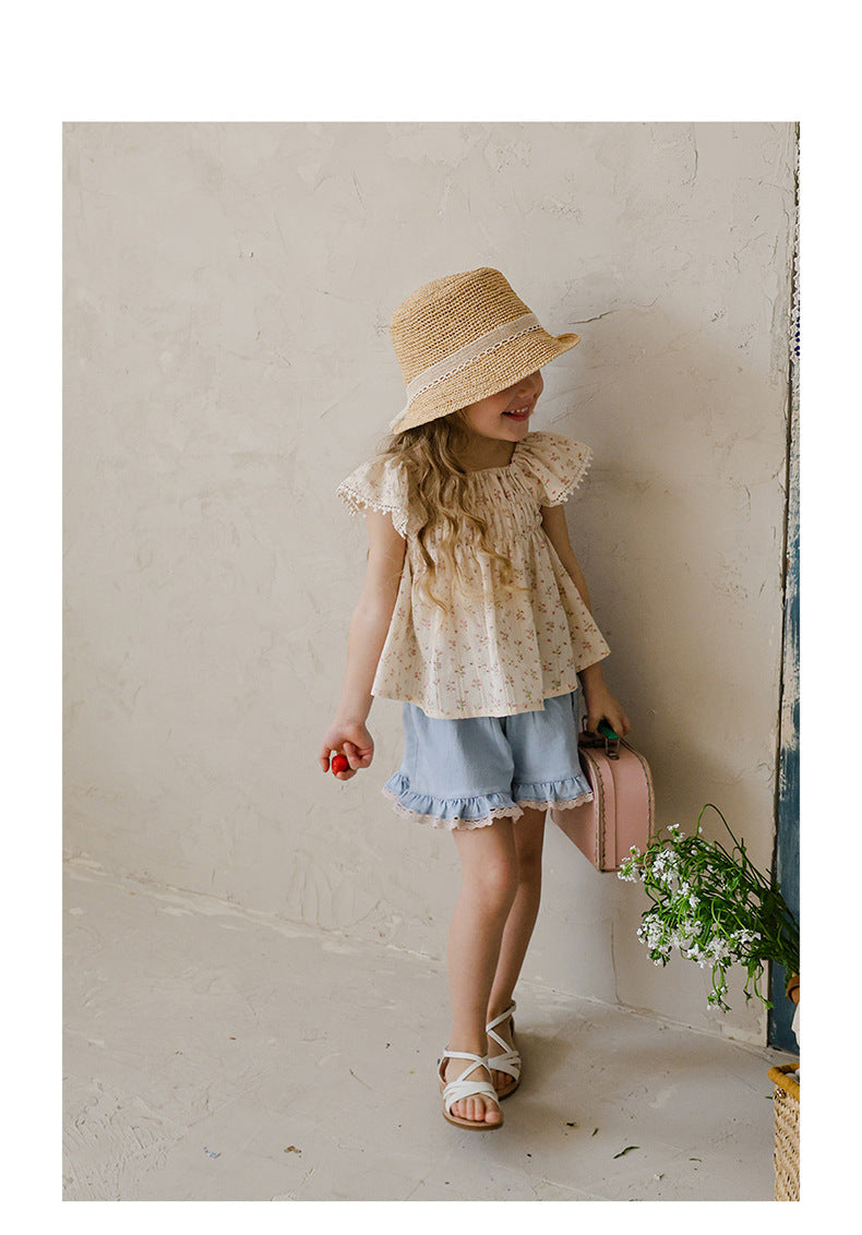 Lace Print Denim Shorts フリル デニムショートパンツ【mh0012981】