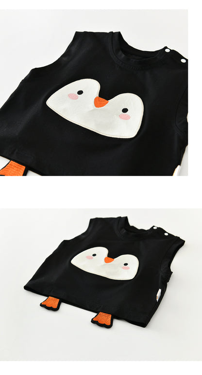 Penguin Applique Sleeveless Set ボーダー ノースリーブTシャツ セット【mh0012846】