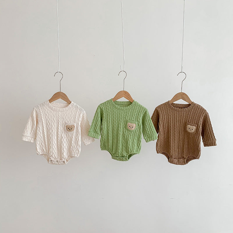 ベビー キッズ くまモチーフ ワッペン ケーブルニット 長袖ロンパース【mh0000949】