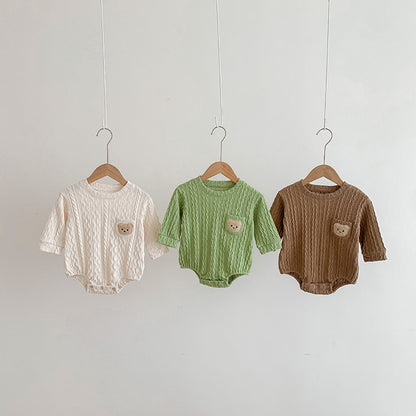 ベビー キッズ くまモチーフ ワッペン ケーブルニット 長袖ロンパース【mh0000949】