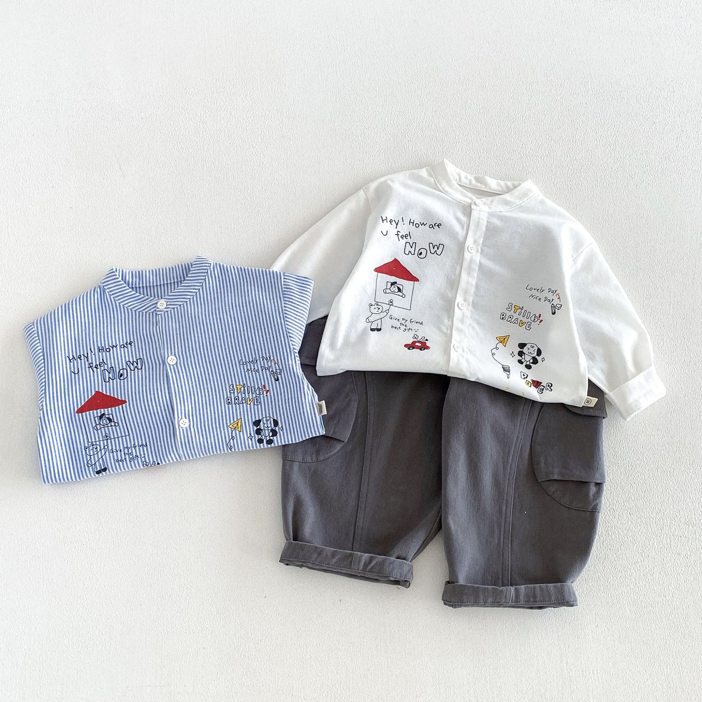Camisa de manga larga con cuello alto, estampado de rayas y pantalón cargo para niños【mh0014028】