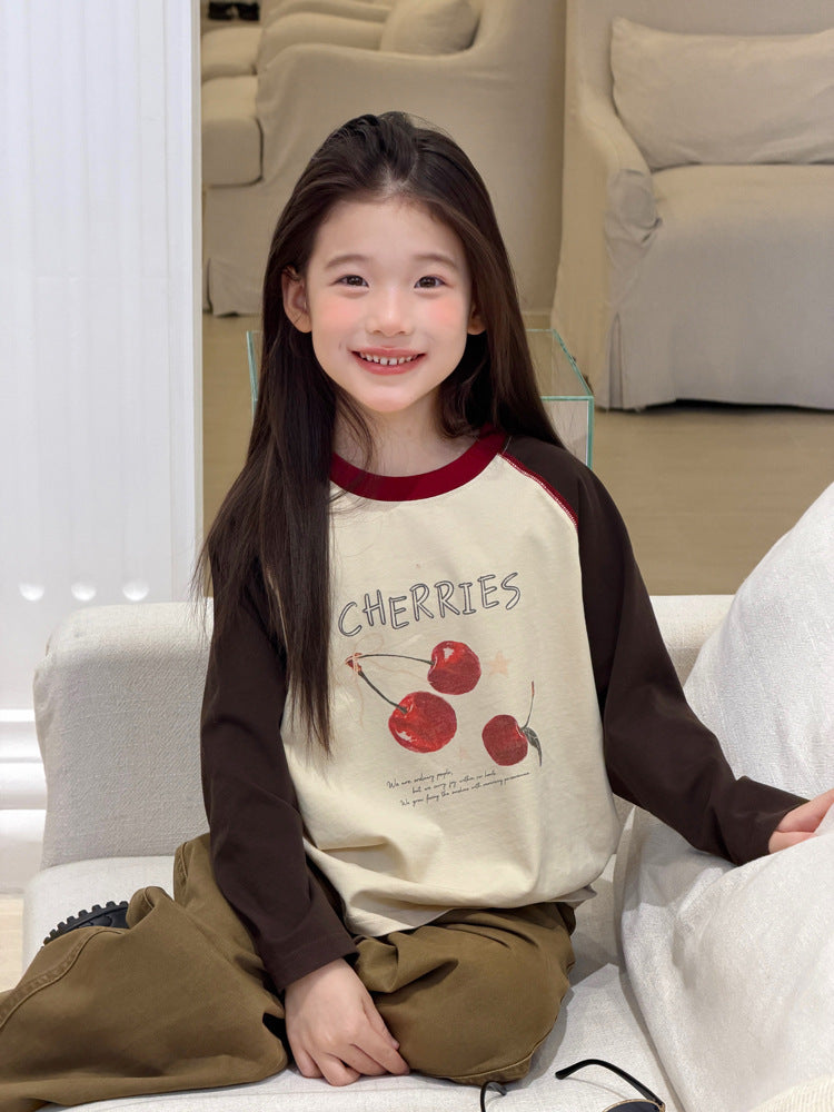 キッズ ジュニア 配色 バイカラー ラグラン プリント 長袖Tシャツ【mh0014416】