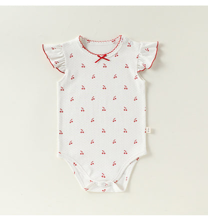 Frill Sleeve Cotton Romper フラワー チェリー フリル袖ロンパース【mh0012780】