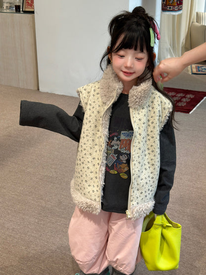 Children's Vest 2026 Winter Korean Style Double-Sided Plush Vest for Children's Floral Thickened Stand Collar Fleece Vest【mh0014695】