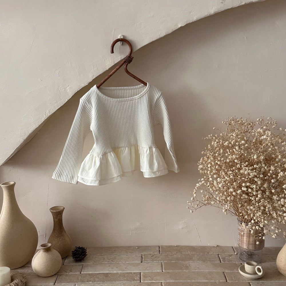 Camiseta de manga larga acanalada con volantes estilo peplum para bebés y niños 【mh0014484】