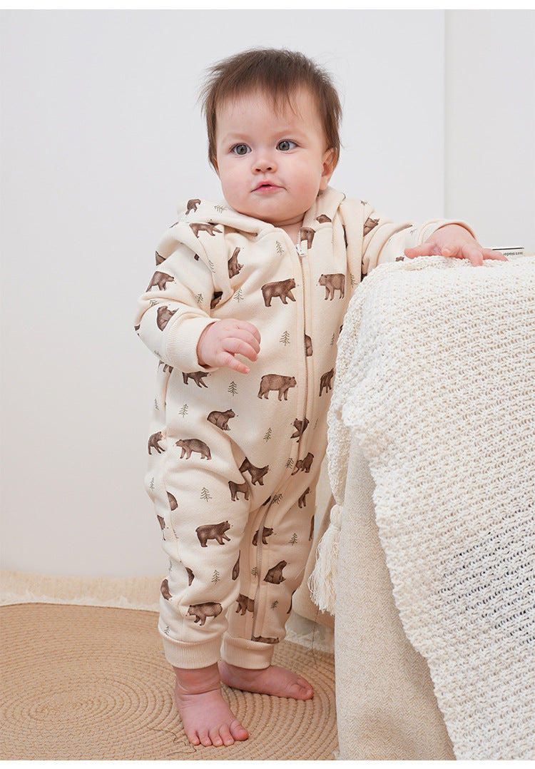 長袖ジャンプスーツ フーディジップアップ クマ柄 裏起毛【mh0011714】