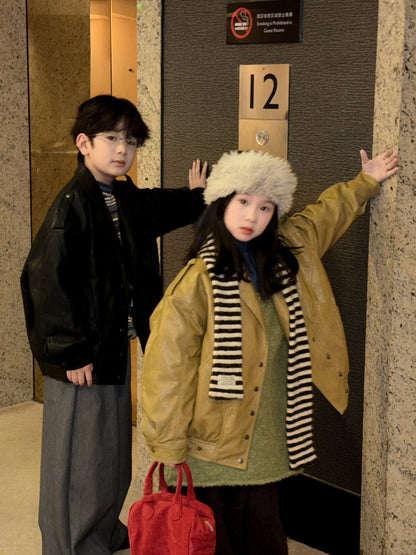 フェイクレザージャケット キッズ  厚手 ラペル モード ライダース【mh0011668】