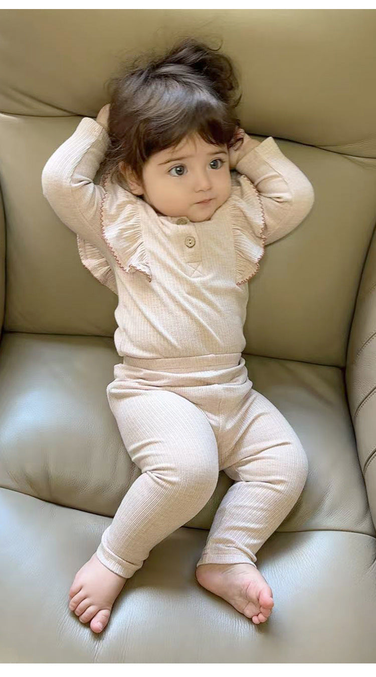 長袖ロンパース/パンツ ショルダーフリル 無地 ベーシック ボディスーツ【mh0011729】