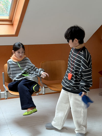 長袖スウェットシャツ キッズ ボーダー柄 裏起毛 厚手 クルーネック ルーズフィット【mh0011671】