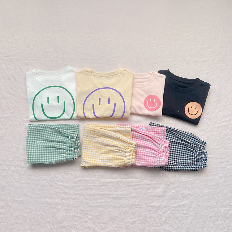 Smiley Long Sleeve Tee & Plaid Pants Set スマイル プリント チェック柄 セットアップ【mh0012672】