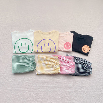 Smiley Long Sleeve Tee & Plaid Pants Set スマイル プリント チェック柄 セットアップ【mh0012672】