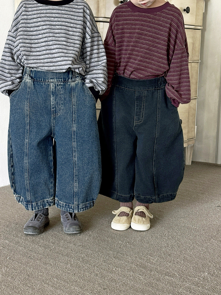 キッズ パッチワーク ウォッシュ ワイド ルーズ クロップド デニムパンツ【mh0014299】