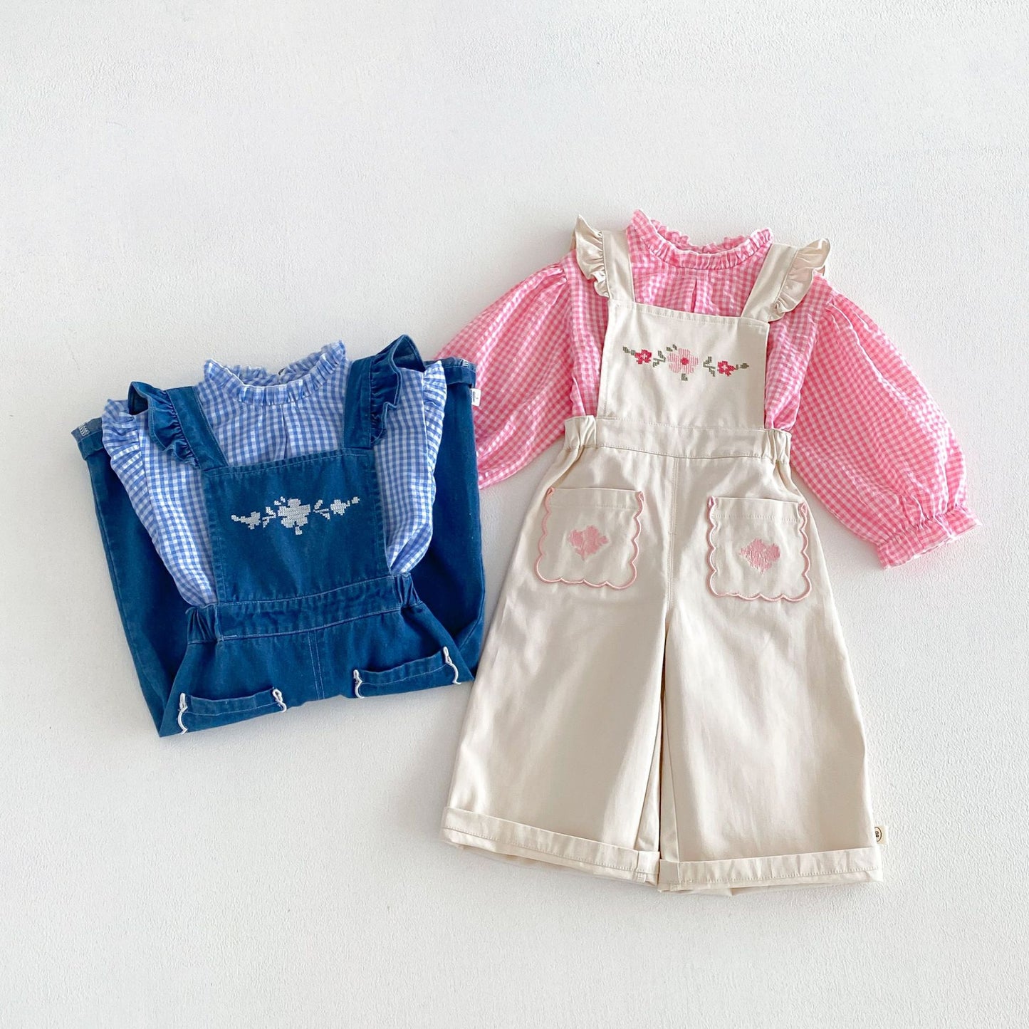 Blusa de manga larga con estampado de cuadros vichy para niños, con bordado floral y peto con pantalón [mh0014043]
