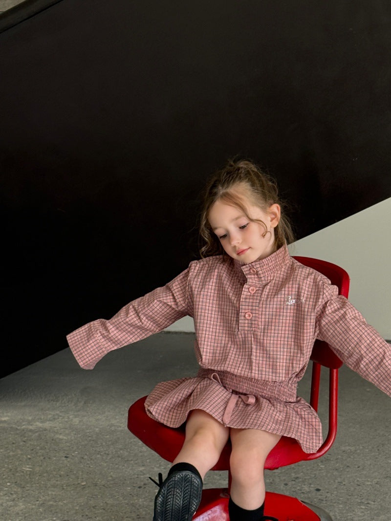 Kids' Plaid Stand-Collar Ruffled Long-Sleeve Shirt and Miniskirt Set [mh0014078]