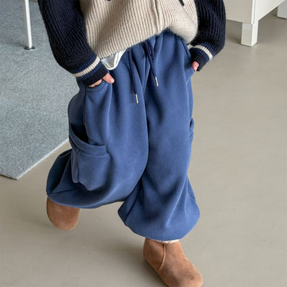 Pantalones largos de felpa para niños, corte holgado con cintura elástica y forro polar [mh0014538]