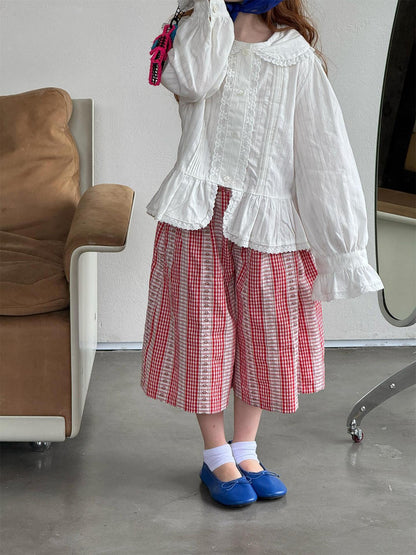 Floral Embroidered Gingham Plaid Capri Pants