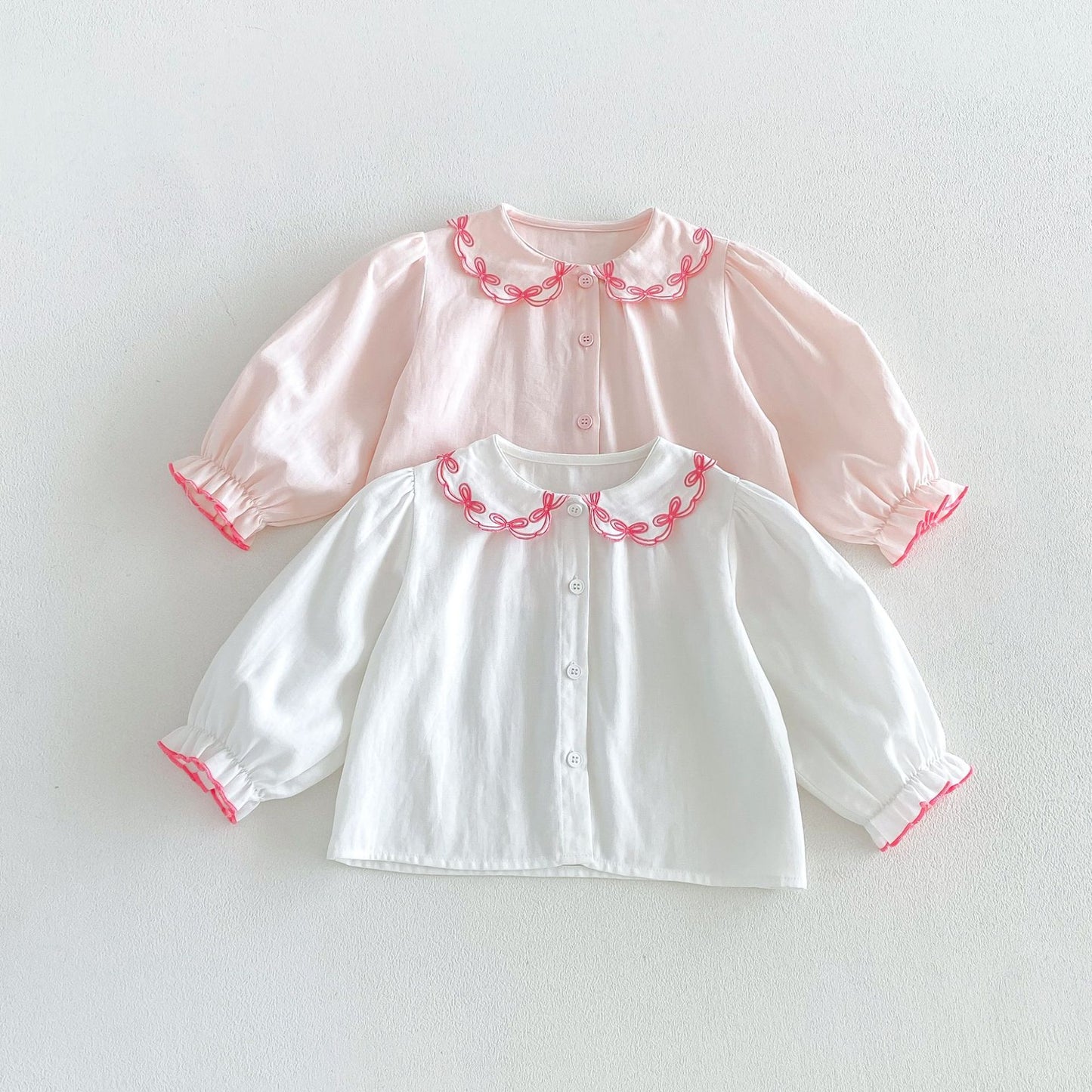 Blusa de manga larga para niños con cuello con volantes y ribetes 【mh0014047】