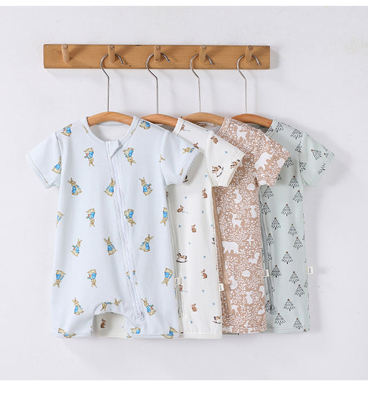 Zipper Front Short Sleeve Cotton アニマル ツリー 半袖ロンパース【mh0012770】