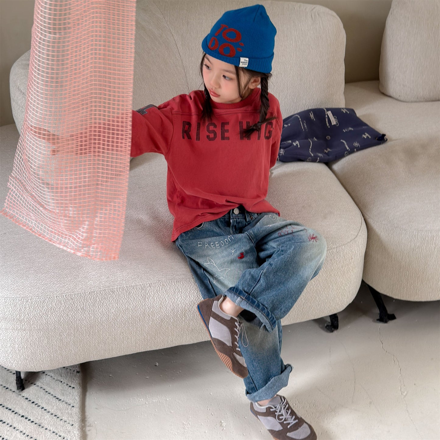 Kids' Hand-Drawn Print Pocket Loose Denim Pants [mh0014063]