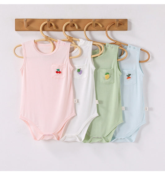 Sleeveless Pocket Modal Romper ワンポイント フルーツ ノースリーブロンパース【mh0012779】