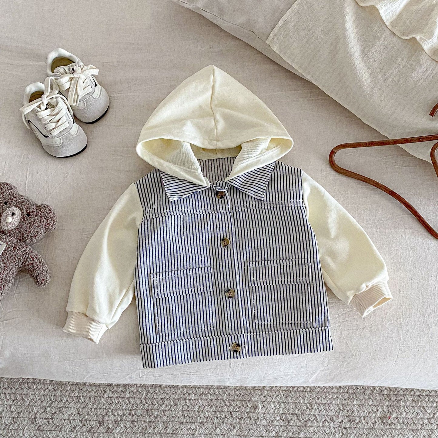 Hooded Striped Denim Layered Jacket ストライプ フード デニム ジャケット【mh0012720】