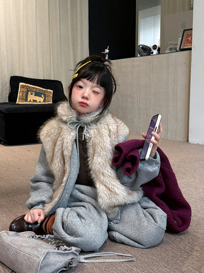 Kids' Set 2026 Winter Girls' Faux Fur Patchwork Sweatshirt Two-Piece Set, Thickened Fleece-Lined Kids Set Mo Xiao Meng【mh0014700】
