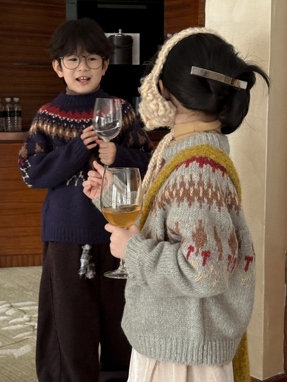 ニットセーター キッズ 求心柄 厚手 クルーネック ルーズフィット カジュアル【mh0011684】