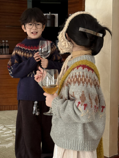 ニットセーター キッズ 求心柄 厚手 クルーネック ルーズフィット カジュアル【mh0011684】