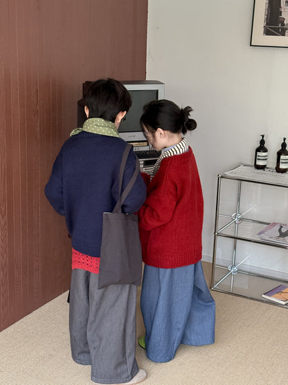 ニットセーター キッズ 裏起毛 厚手 クルーネック 無地 ルーズフィット プルオーバー【mh0011674】