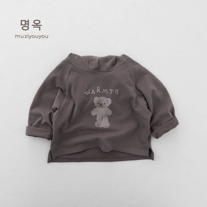 フード付き長袖Tシャツ（グレー、クマと「WARMTH」プリント）