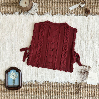 キッズ フラワー チェリー 刺繍 フリル ニット ベスト 長袖 ブラウス ワイド デニムパンツ【mh0014607】