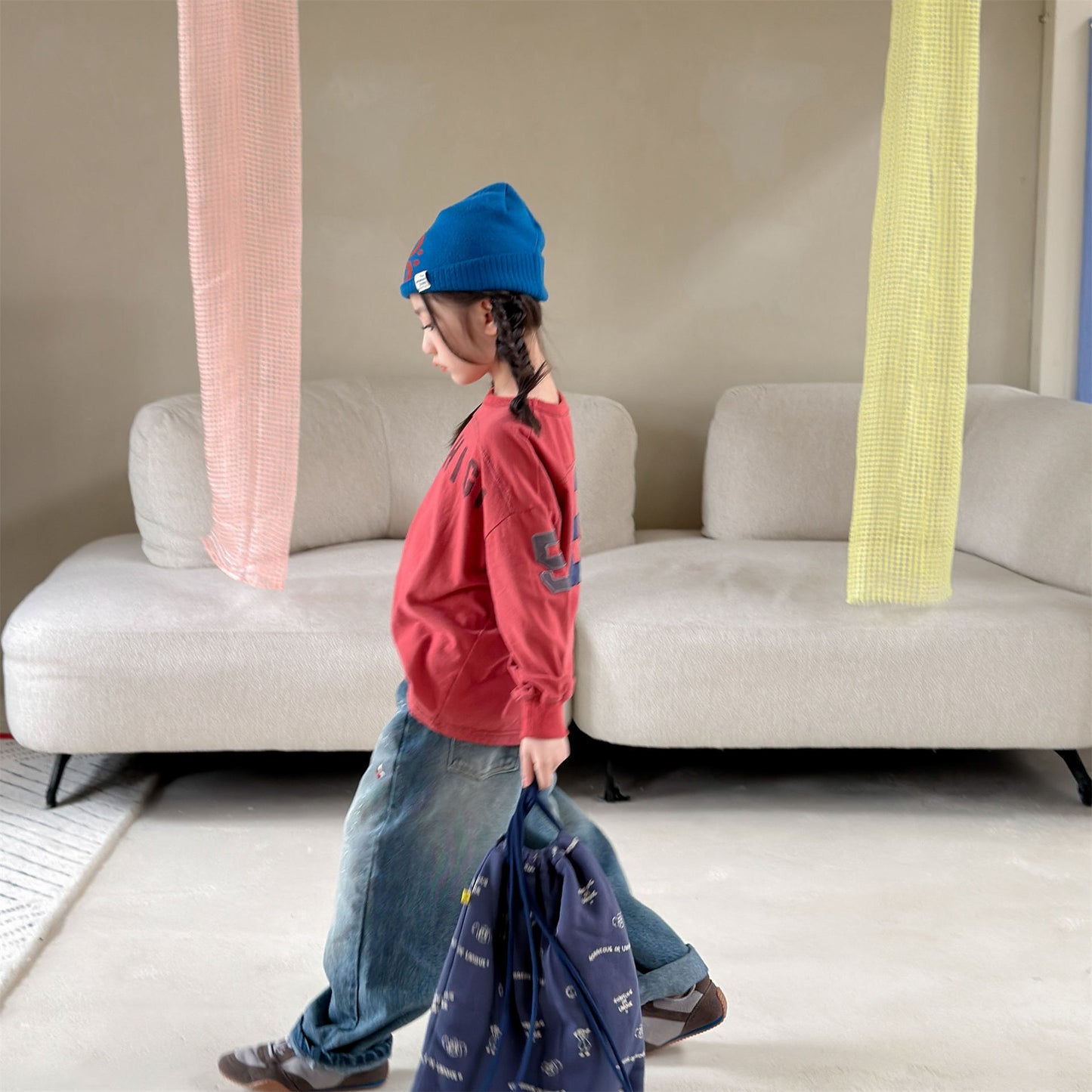 Kids' Hand-Drawn Print Pocket Loose Denim Pants [mh0014063]